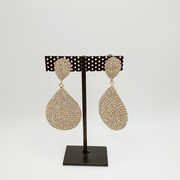CLIP ON Large Gold Tone Tear Drop Rhinestone  Earrings - Picture 4 of 6